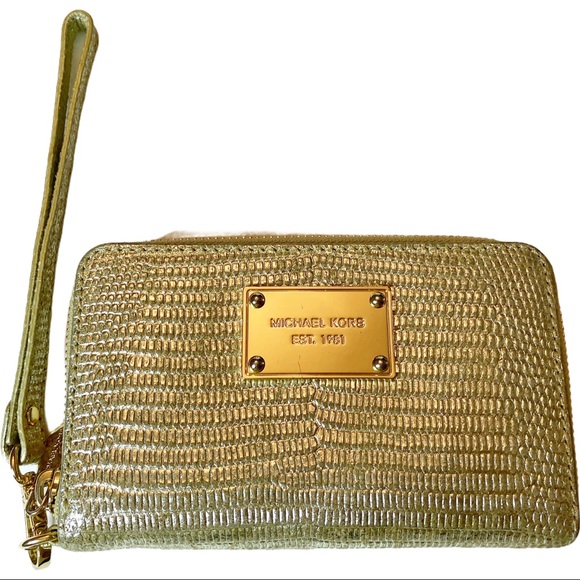 Michael Kors Faux Croc Gold Zip Wristlet Logo - Picture 1 of 5